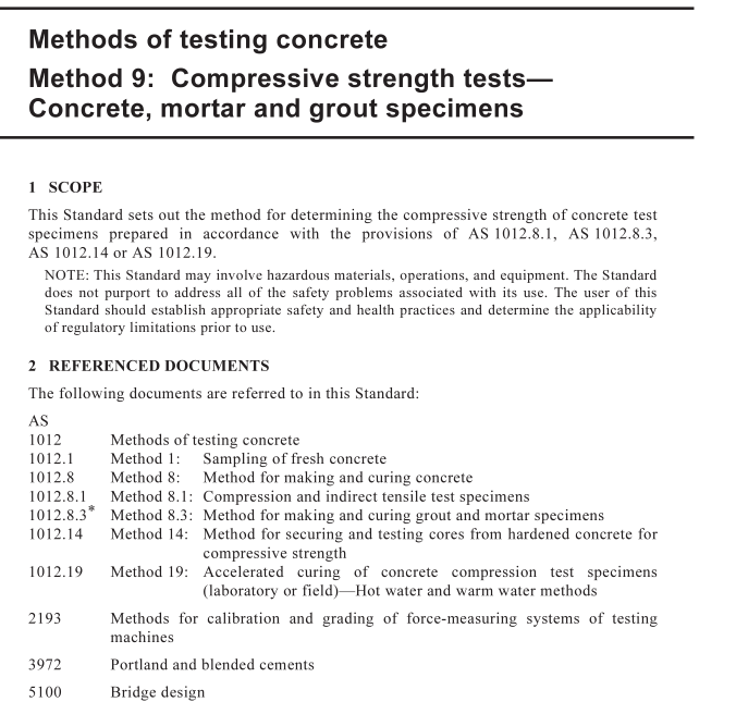 AS 1012.9 pdf download – Methods of testing concrete Method 9: Compressive strength tests— Concrete, mortar and grout specimens