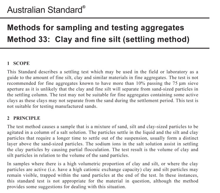 AS 1141.33 pdf download – Methods for sampling and testing aggregates Method 33: Clay and fine silt (settling method)