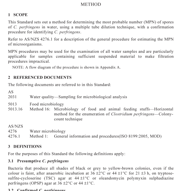 AS 4276.17.2 pdf download – Water microbiology Method 17.2: Spores of Clostridium perfringens—Estimation of most probable number (MPN) using the multiple tube dilution technique