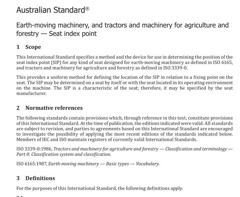 AS ISO 5353 pdf download – Earth-moving machinery, and tractors and machinery for agriculture and forestry — Seat index point