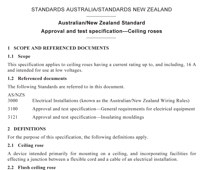AS NZS 3113 pdf download – Approval and test specification—Ceiling roses