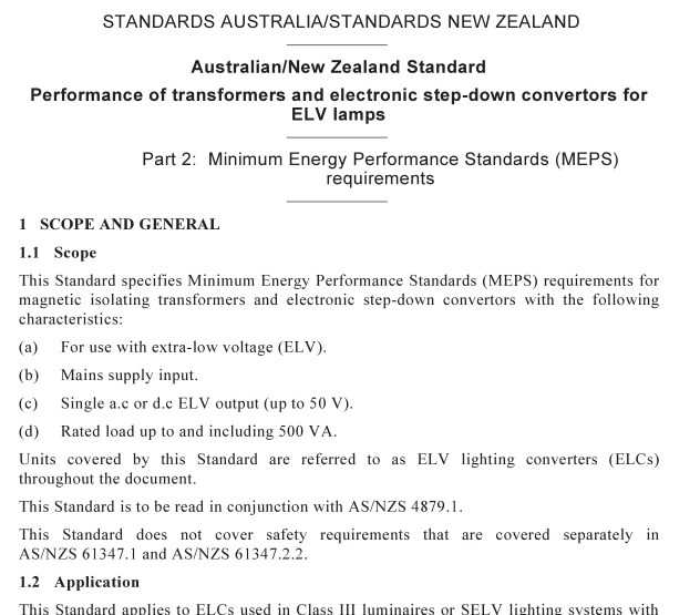 AS NZS 4879.2 pdf download – Performance of transformers and electronic step-down convertors for ELV lamps Part 2: Minimum Energy Performance Standards (MEPS) requirements