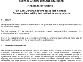 AS NZS 60695.2.11 pdf download – Fire hazard testing – Part 2.1 1 : Glowing/hot wire based test methods – Glow-wire flammability test method for end-products (IEC 60695-2-1 1 :2000, MOD)