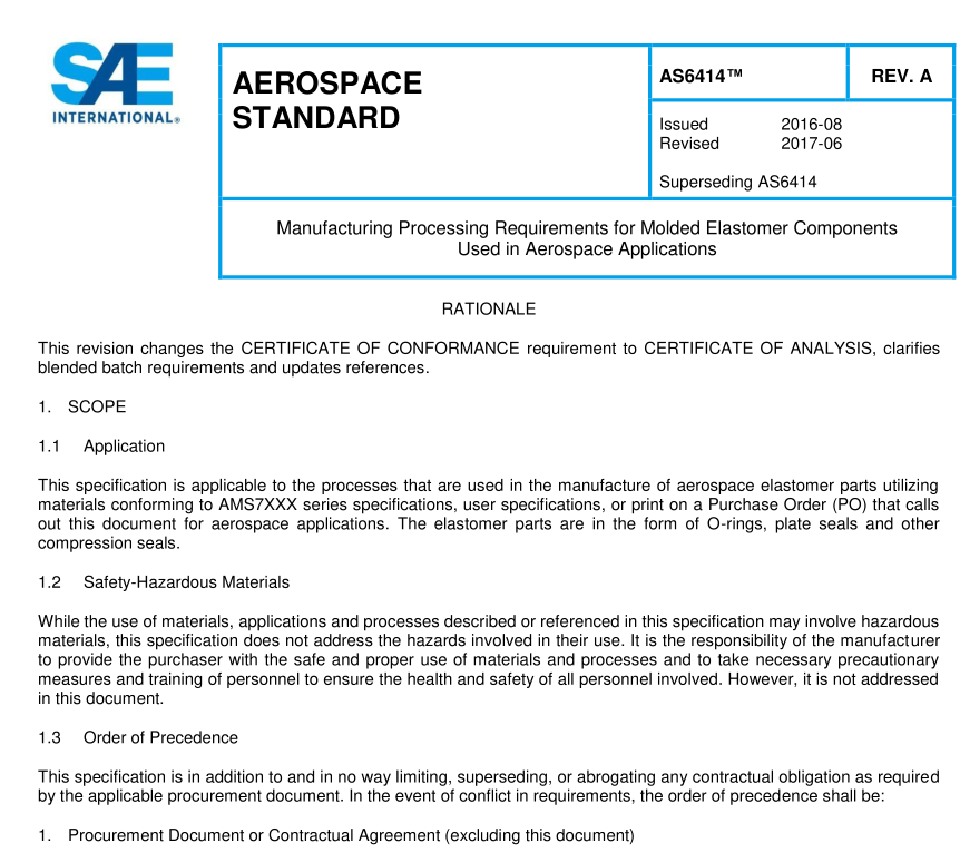 SAE AS 6414A pdf download – Manufacturing Processing Requirements for Molded Elastomer Components Used in Aerospace Applications